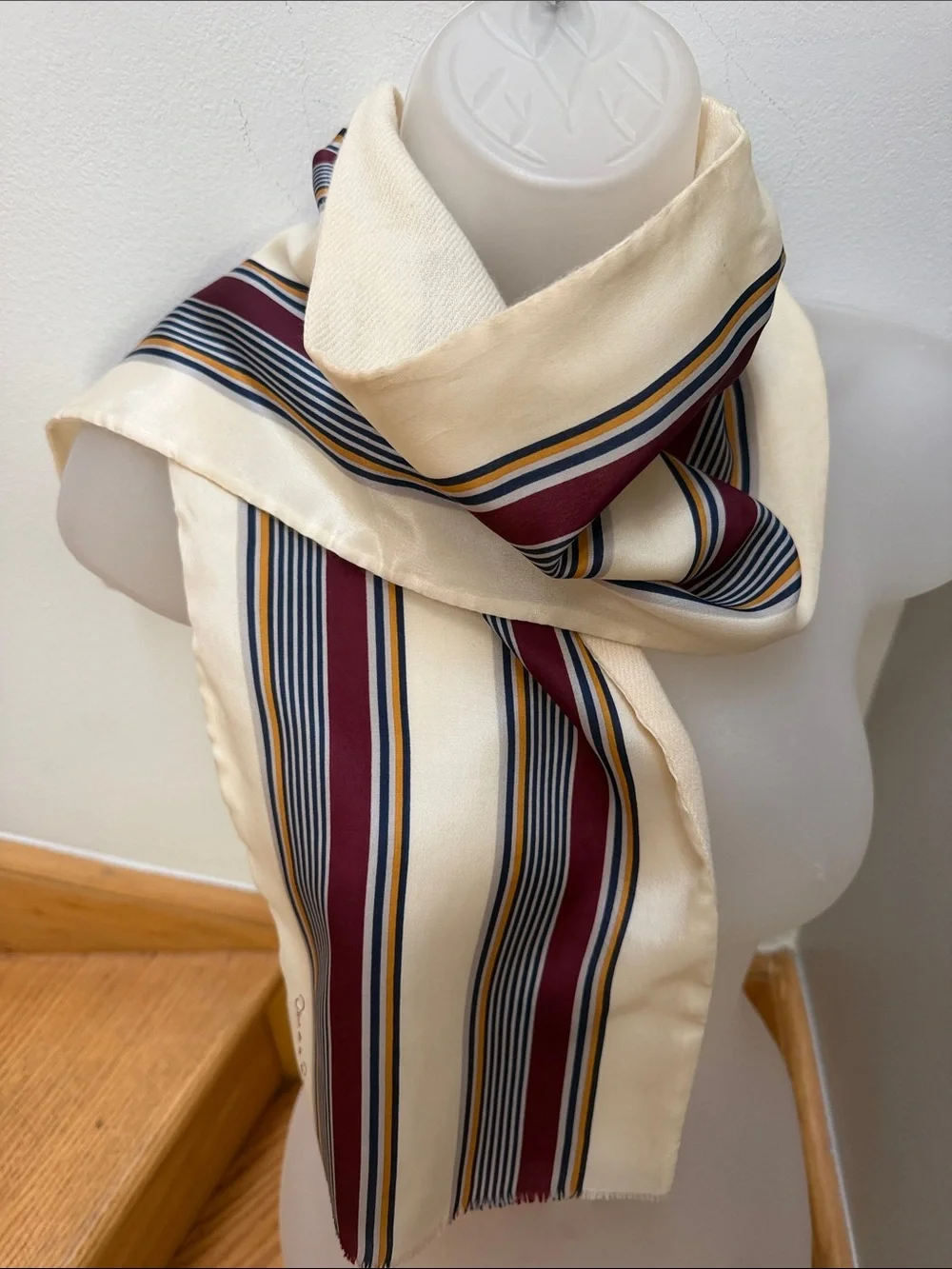 VTG Silk w/Wool lining Striped Opera Double-face Scarf Cream & Burgundy 1970s